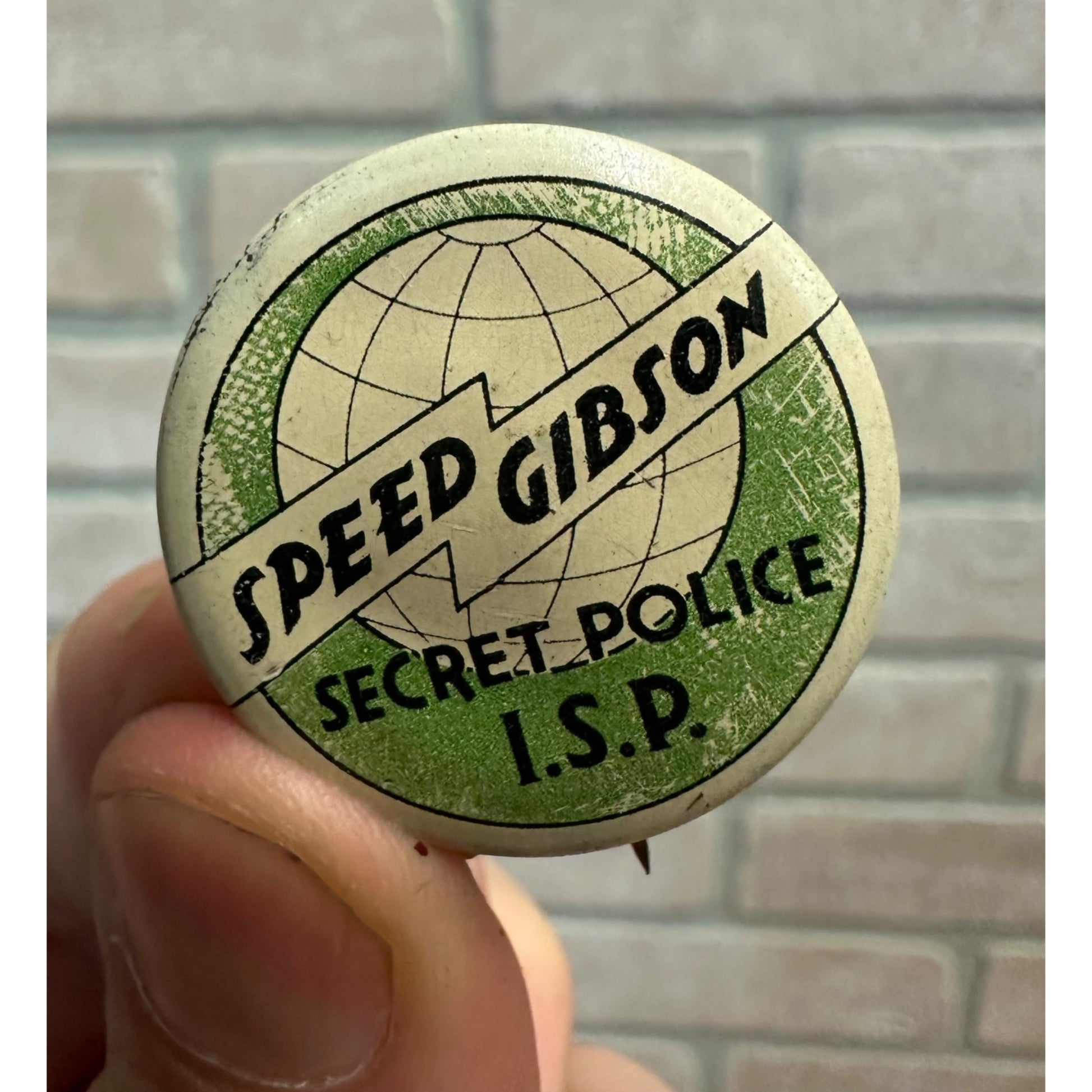 Vintage Speed Gibson Secret Police I.S.P. Radio Premium Pin Badge Pinback Button