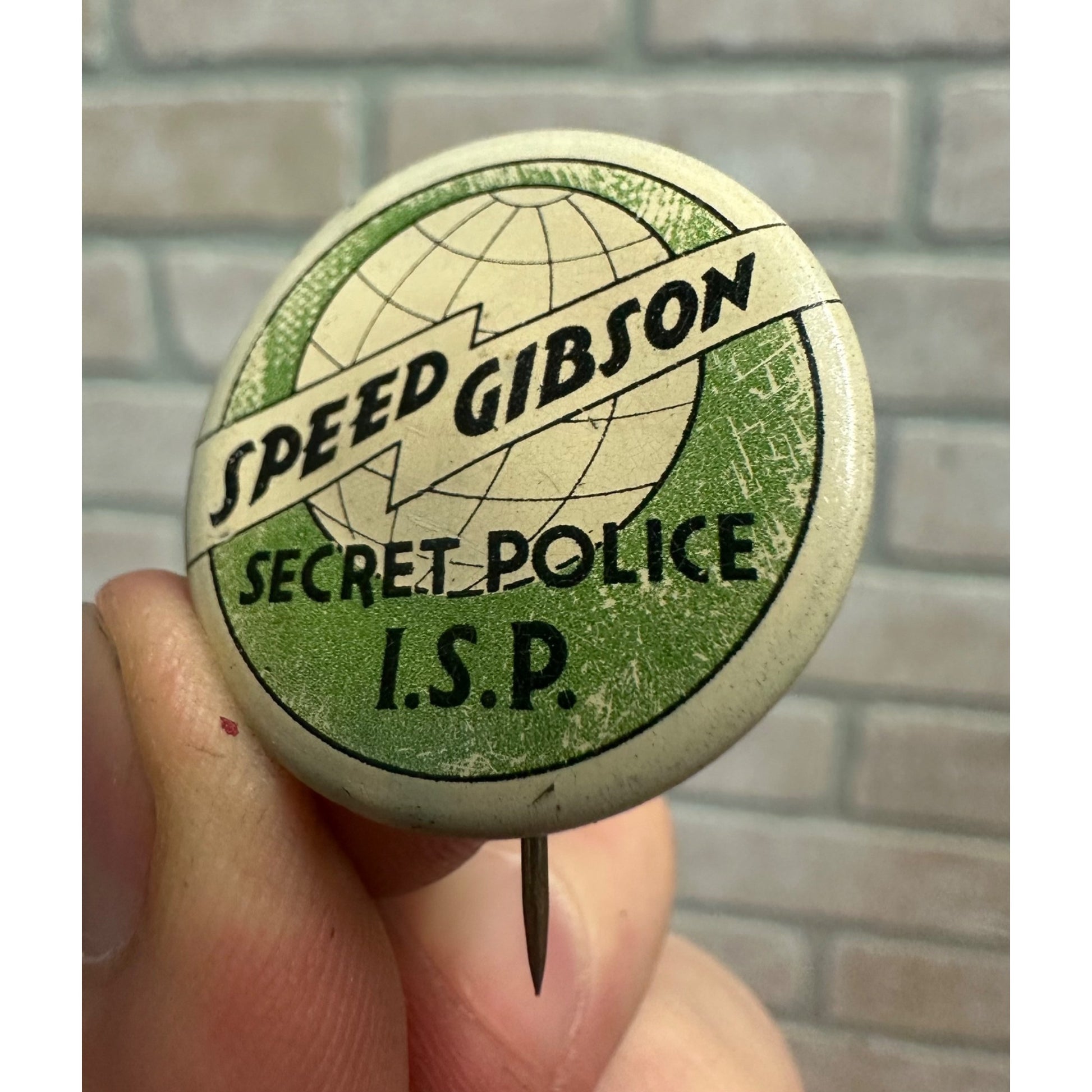 Vintage Speed Gibson Secret Police I.S.P. Radio Premium Pin Badge Pinback Button