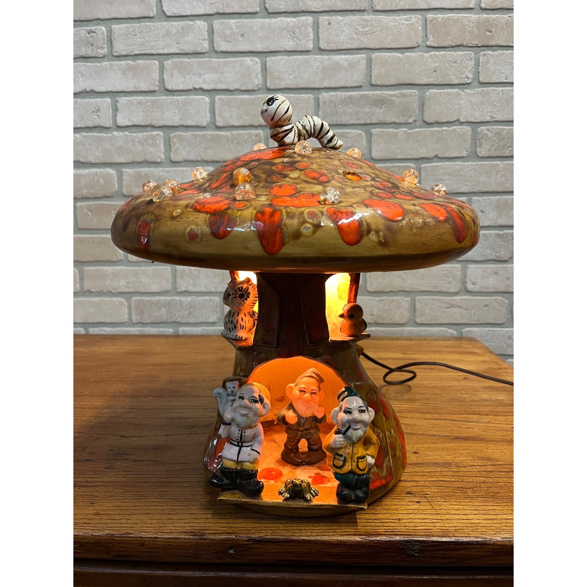 Vintage 1970s Groovy Mushroom & Gnome Table Lamp