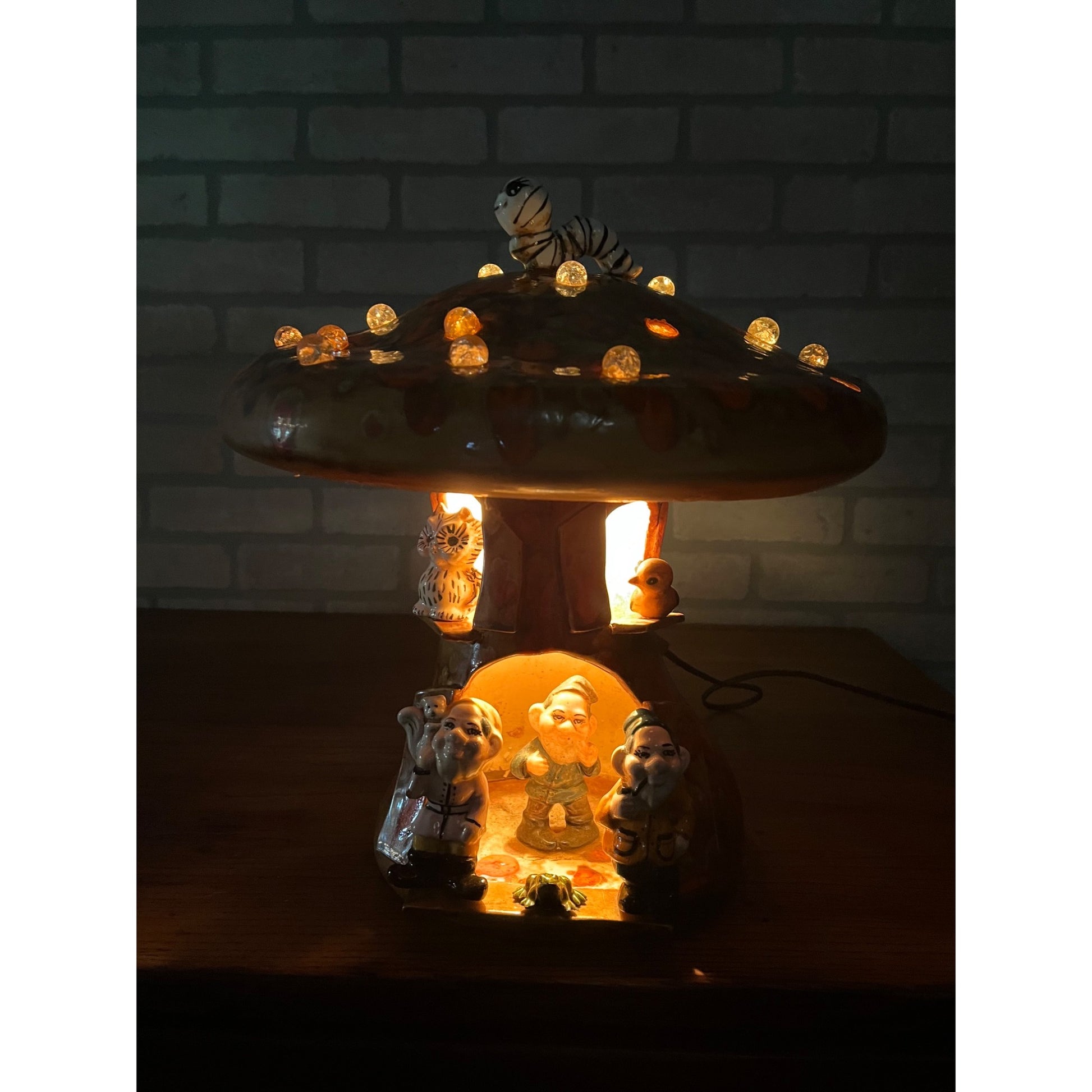 Vintage 1970s Groovy Mushroom & Gnome Table Lamp