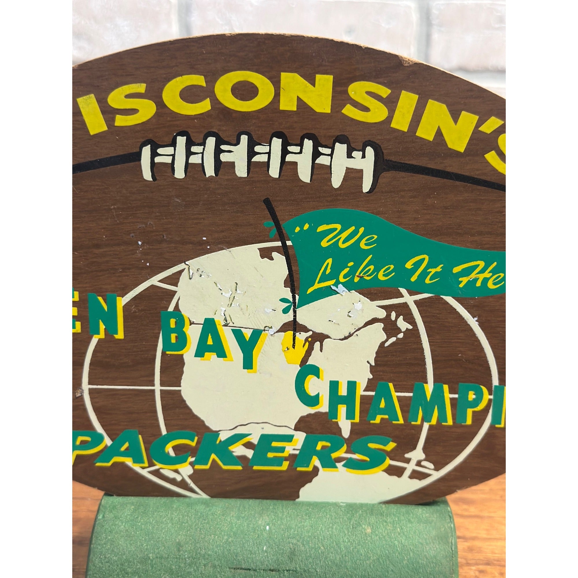 Vintage 1960s Green Bay Packers Champions Wooden Sign Plaque Football