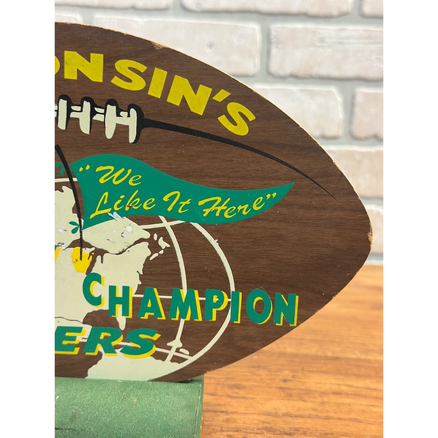 Vintage 1960s Green Bay Packers Champions Wooden Sign Plaque Football