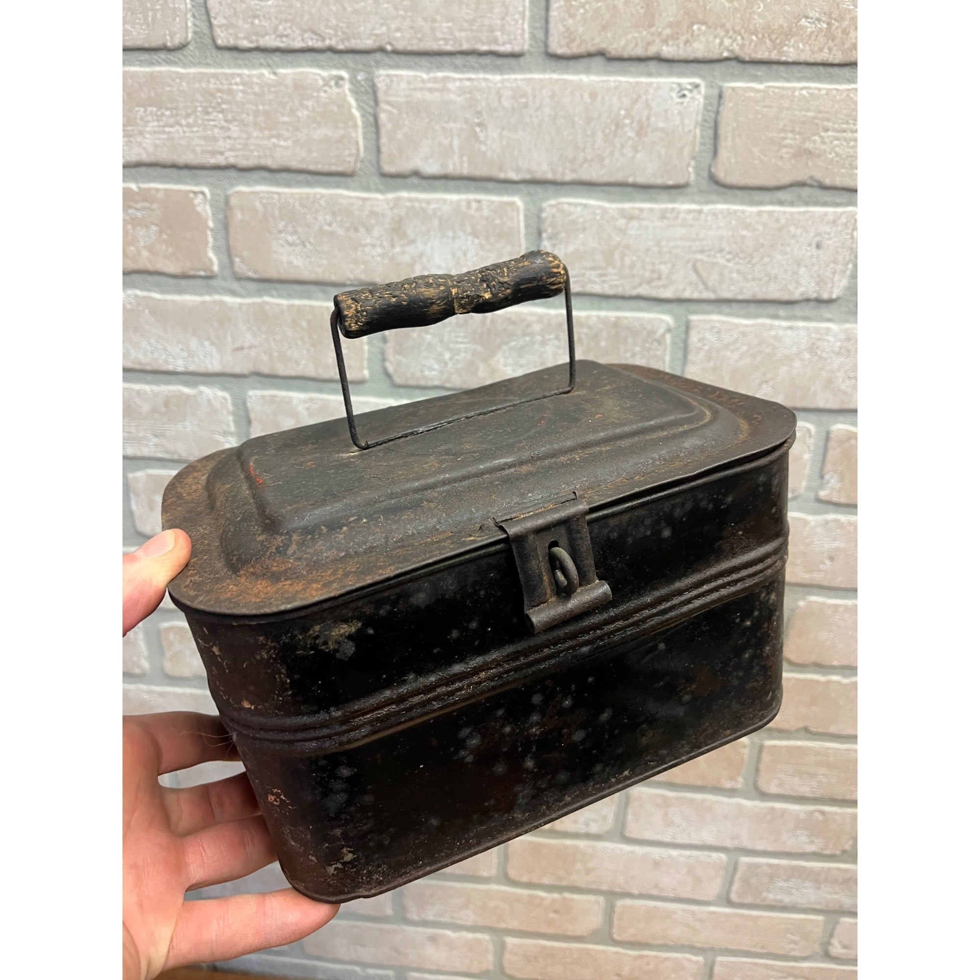 Antique Vintage Metal Tin Lunch Box Pail Wood Handle -Railroad Miners, Primitive