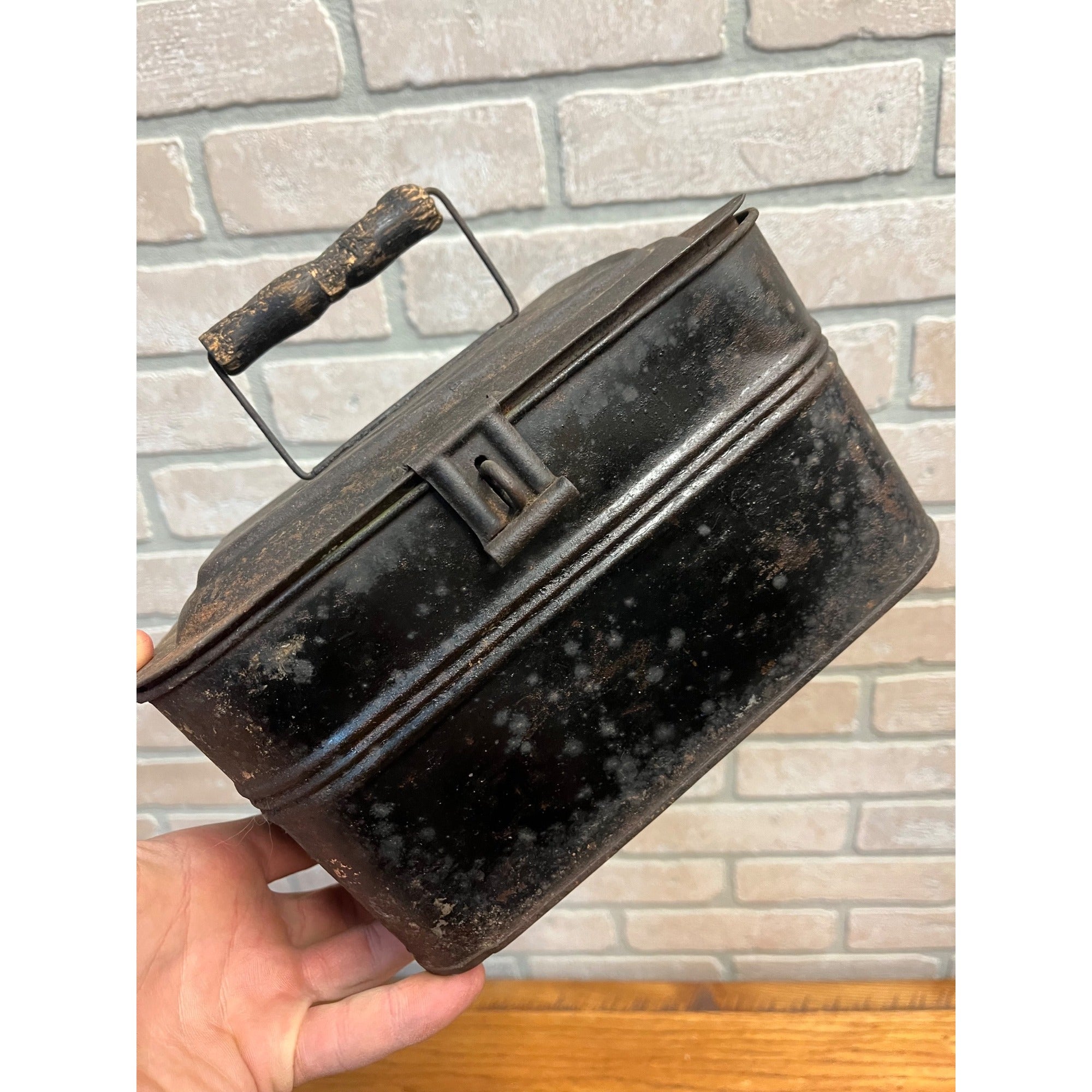 Antique Vintage Metal Tin Lunch Box Pail Wood Handle -Railroad Miners, Primitive