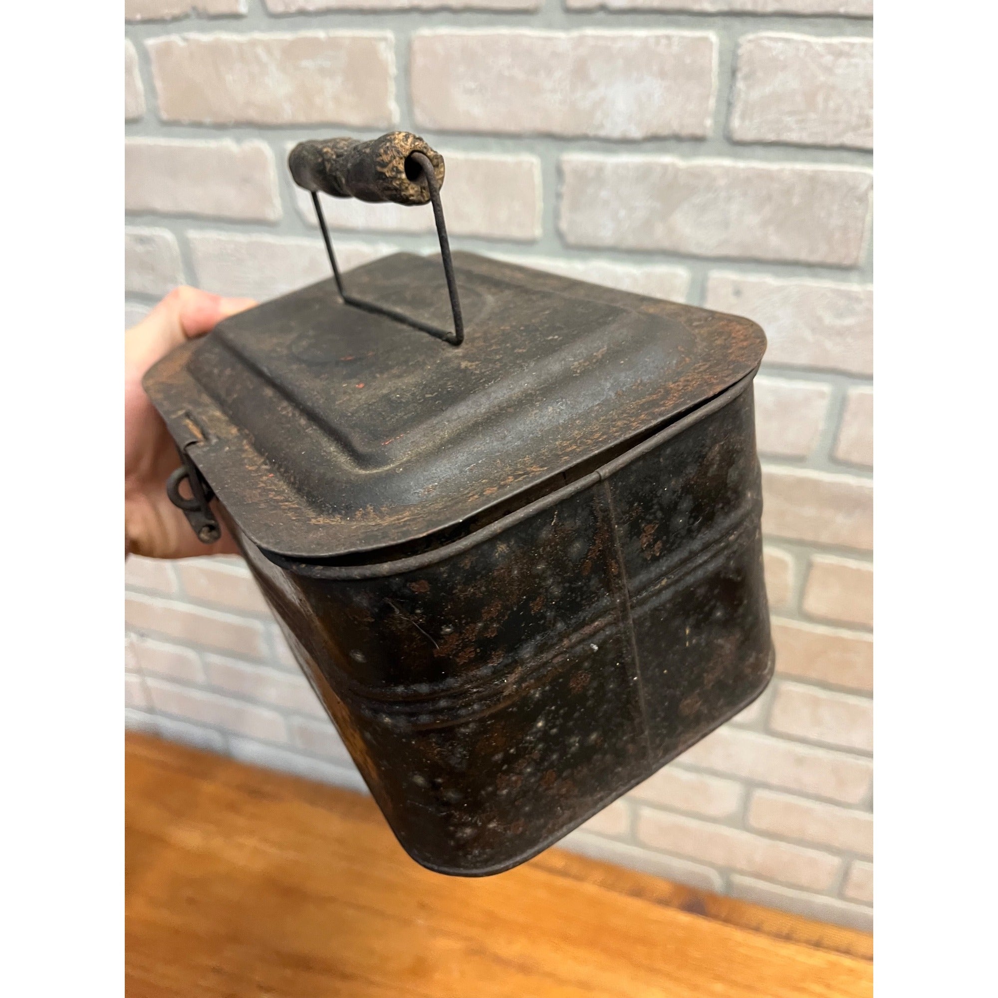 Antique Vintage Metal Tin Lunch Box Pail Wood Handle -Railroad Miners, Primitive