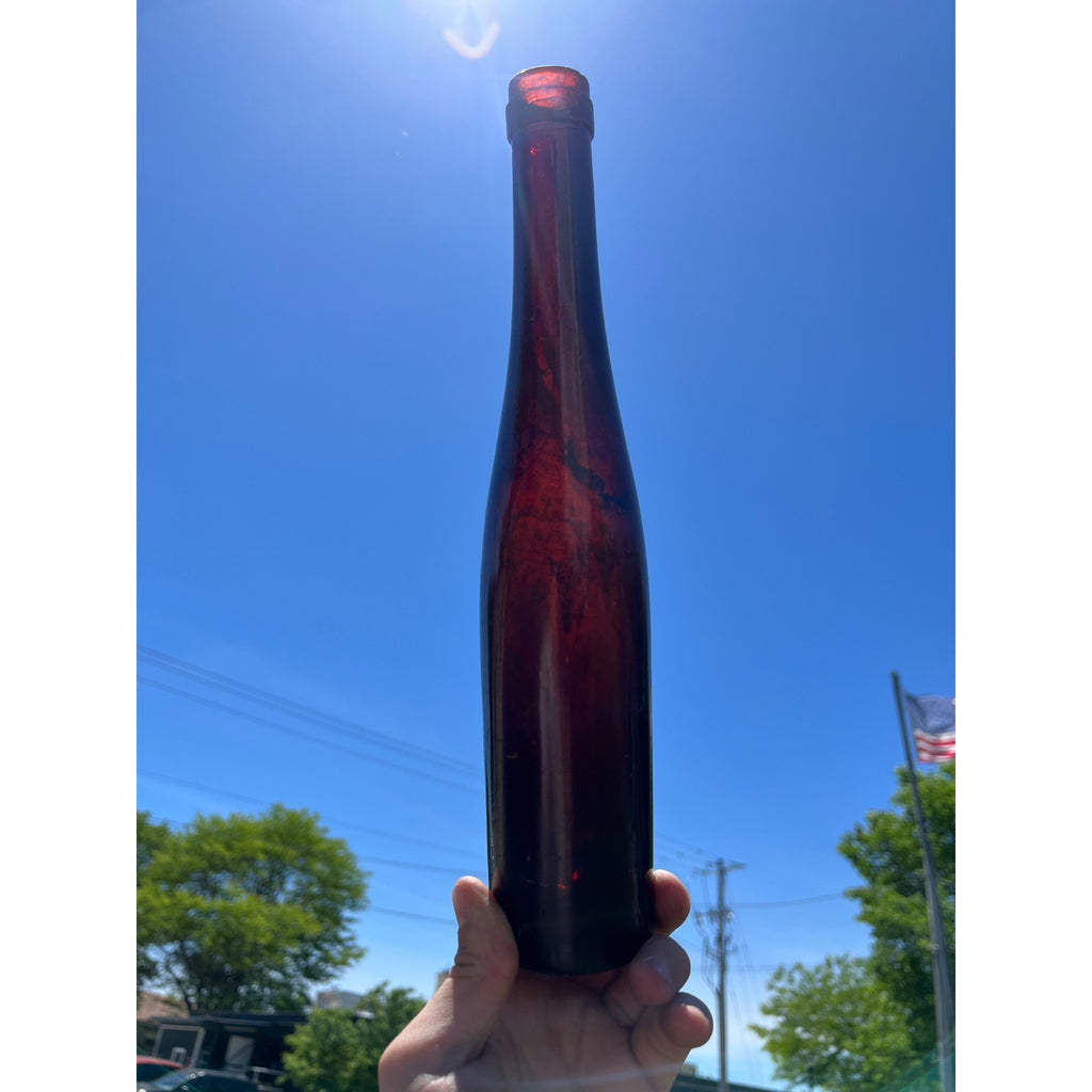 Antique 1870s Deep Amethyst-Red Black Glass Wine Port Bottle Hand Blown Liquor