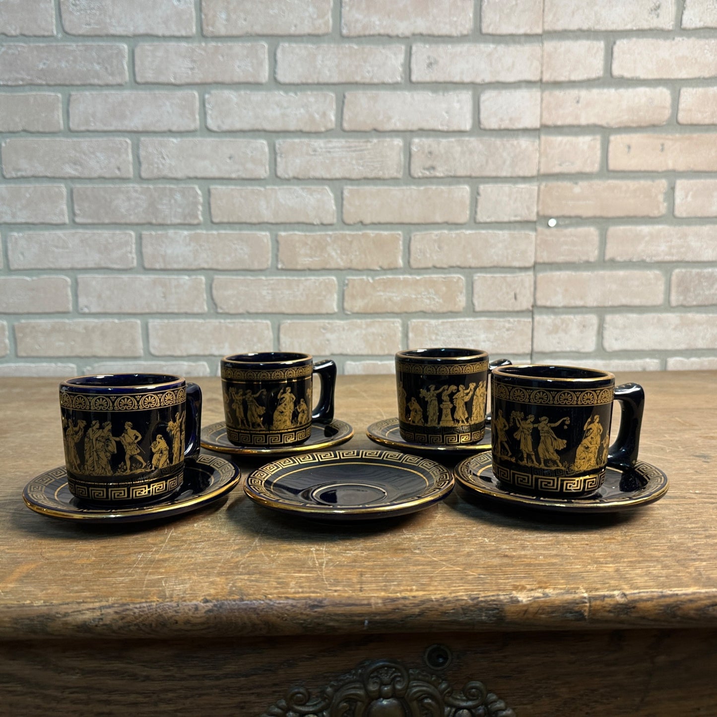 Set of 4 KE Greek Mythology Black & 24k Gold Espresso Cups & Saucers Coffee