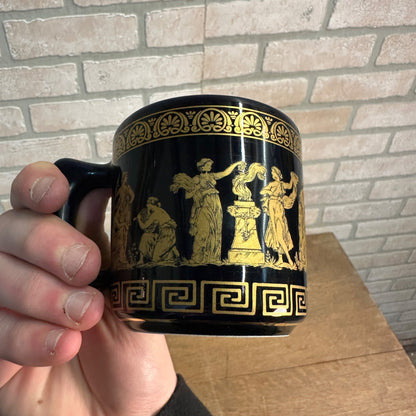 Set of 4 KE Greek Mythology Black & 24k Gold Espresso Cups & Saucers Coffee