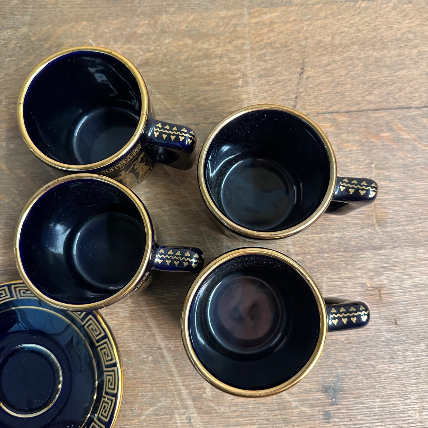 Set of 4 KE Greek Mythology Black & 24k Gold Espresso Cups & Saucers Coffee