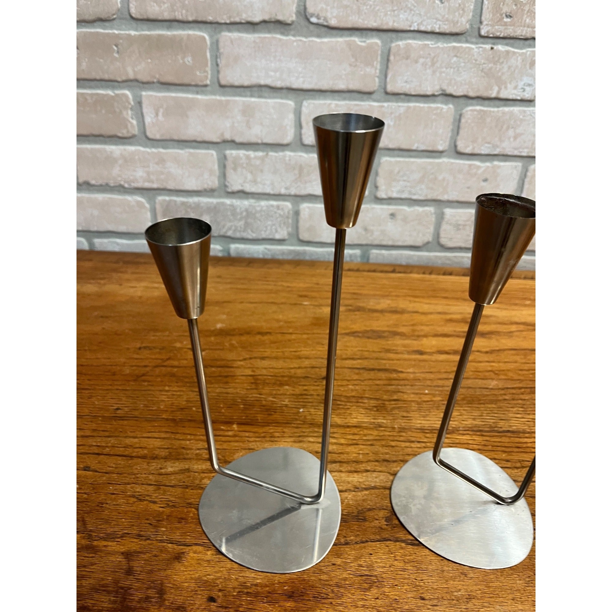 Vintage 1960s MCM Stainless Steel Two Stem Candlesticks MG Danish Candle Holder