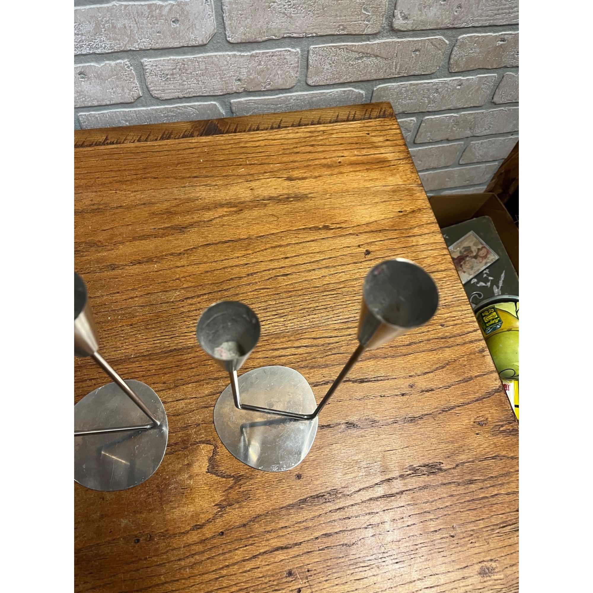 Vintage 1960s MCM Stainless Steel Two Stem Candlesticks MG Danish Candle Holder