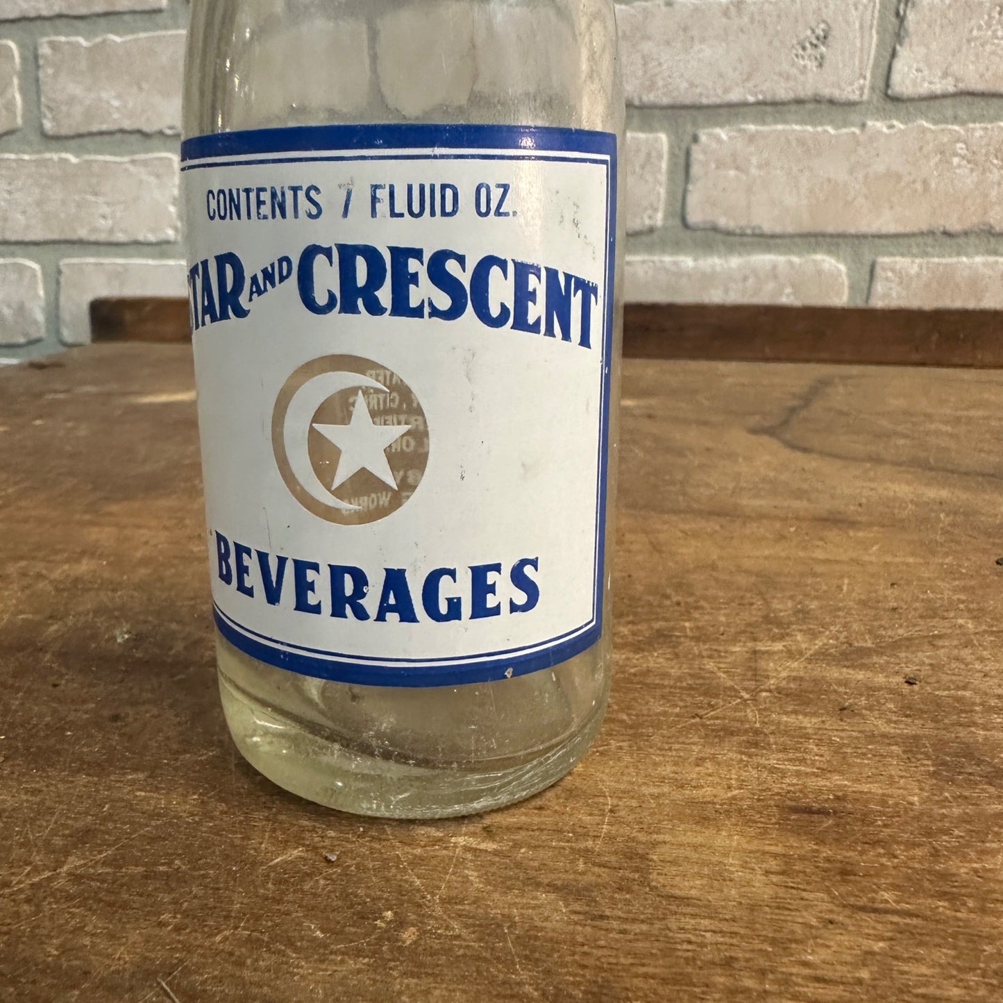 7oz Star & Crescent Bottle Waupun Wis ACL 8" Soda Pop Bottle Blue White