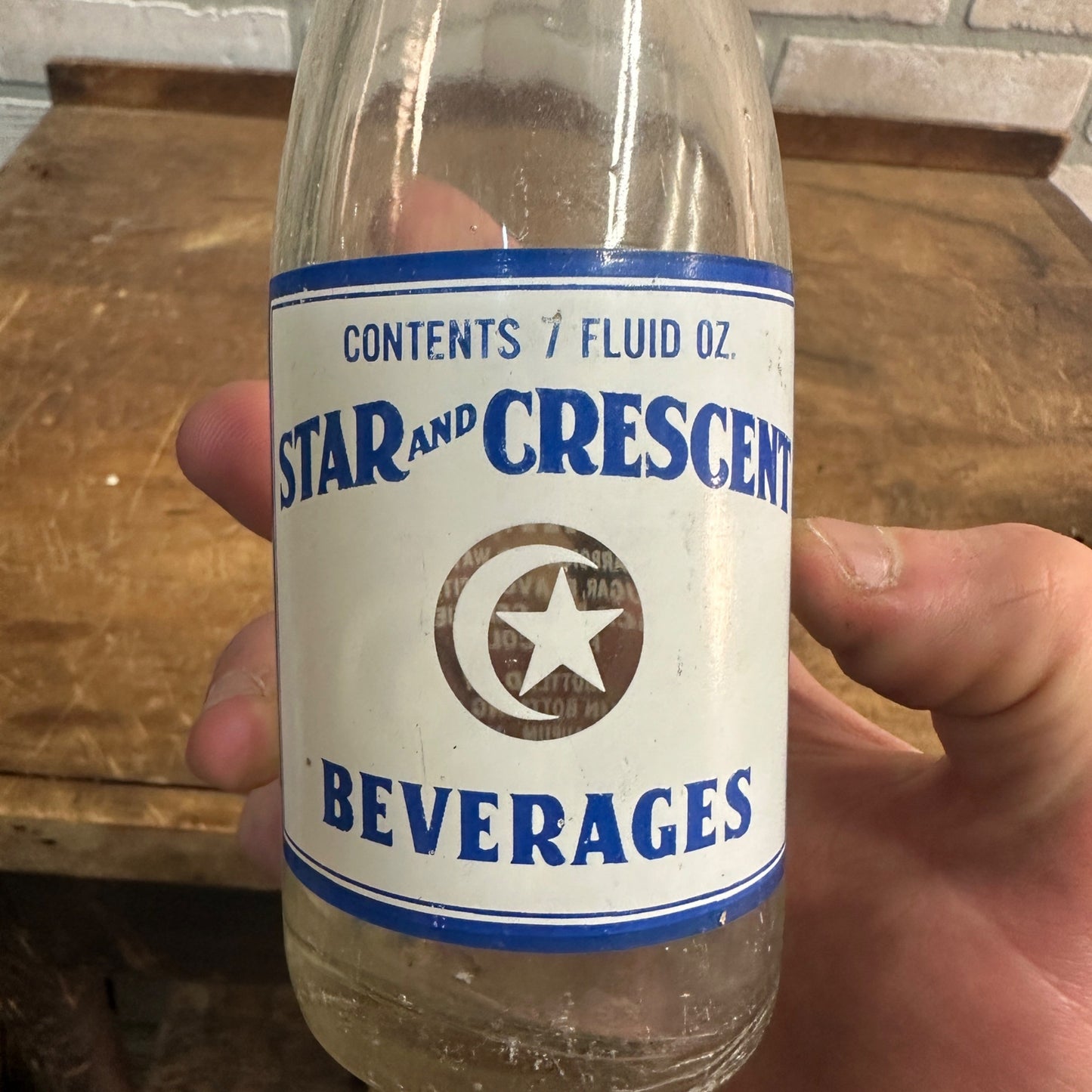 7oz Star & Crescent Bottle Waupun Wis ACL 8" Soda Pop Bottle Blue White