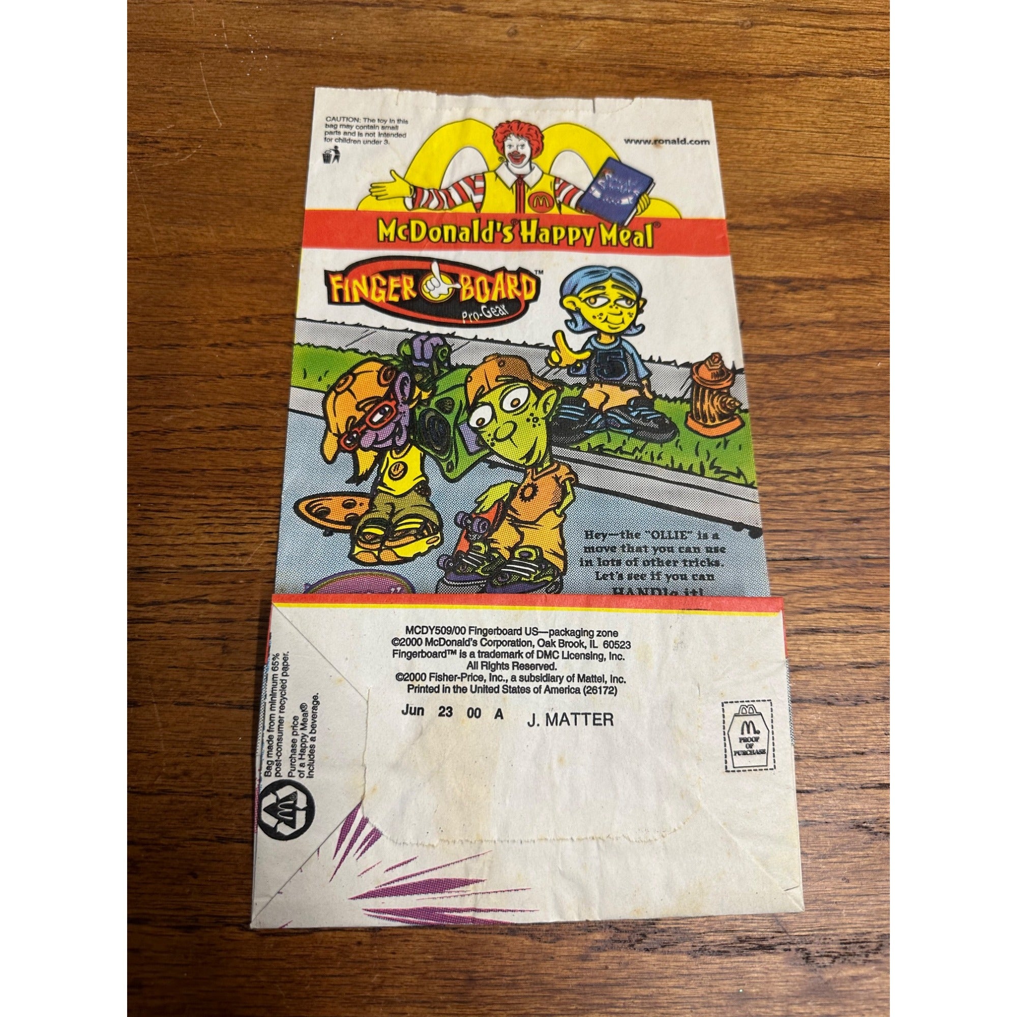Vintage 2000 Mcdonalds Happy Meal Bag Finger Skate Board Pro Gear