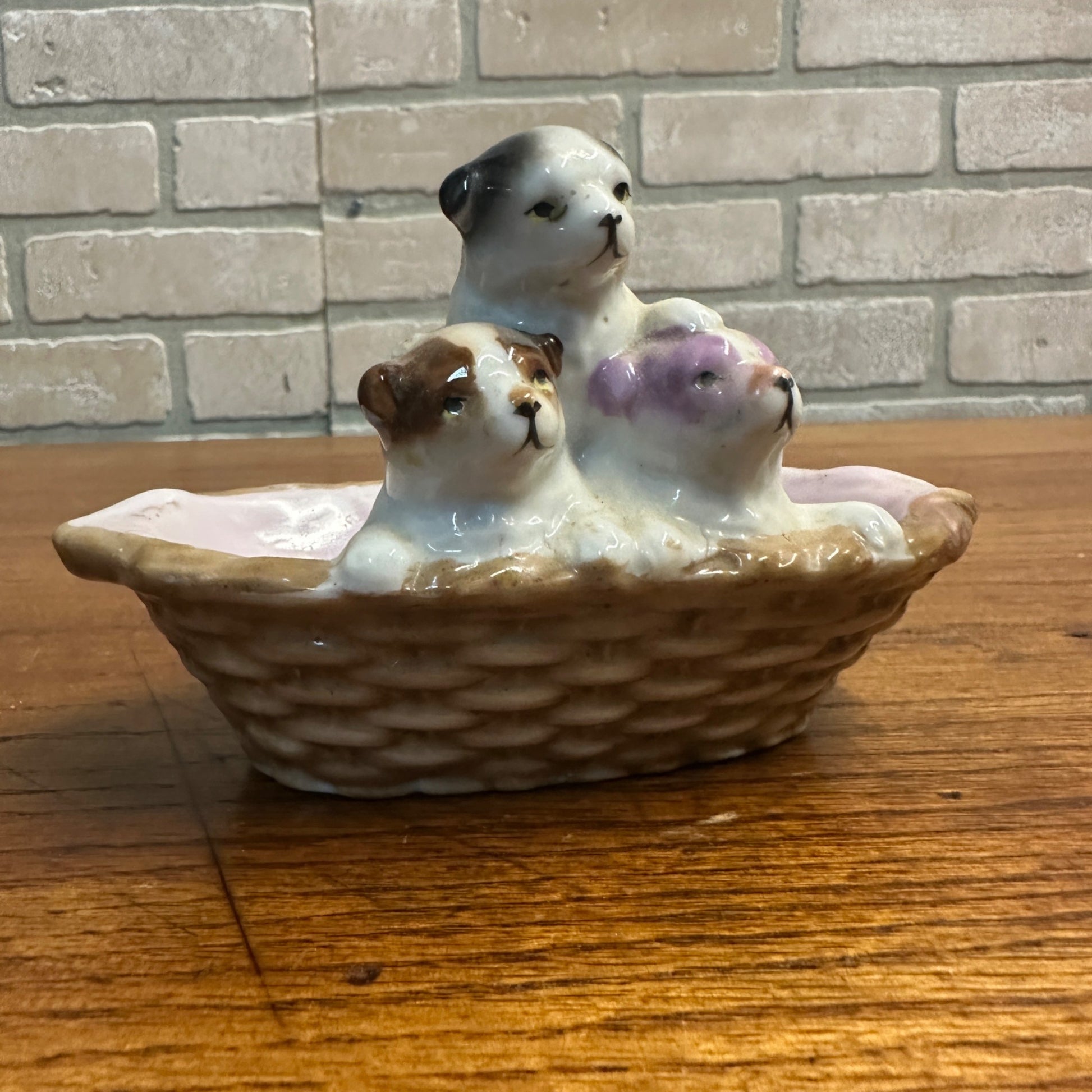 Vintage Trico China Dogs in basket Ceramic Dish Decor