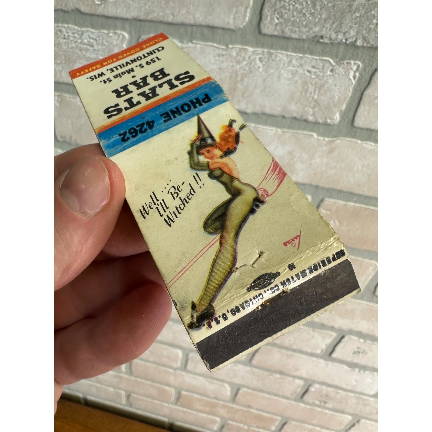 Vintage Slats Bar Clintonville Wis Halloween Witch Advertising Matchbook