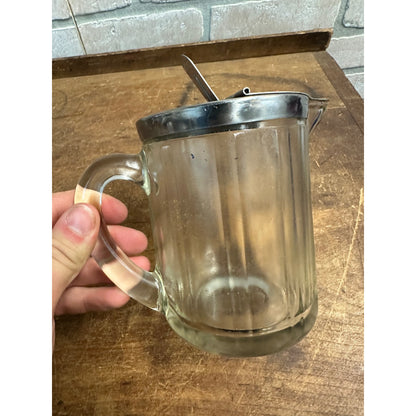 Vintage 1951 Heavy Glass Pitcher Hinged Lid Syrup or Cream McKey Bloomfield Ind