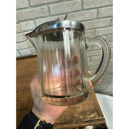 Vintage 1951 Heavy Glass Pitcher Hinged Lid Syrup or Cream McKey Bloomfield Ind