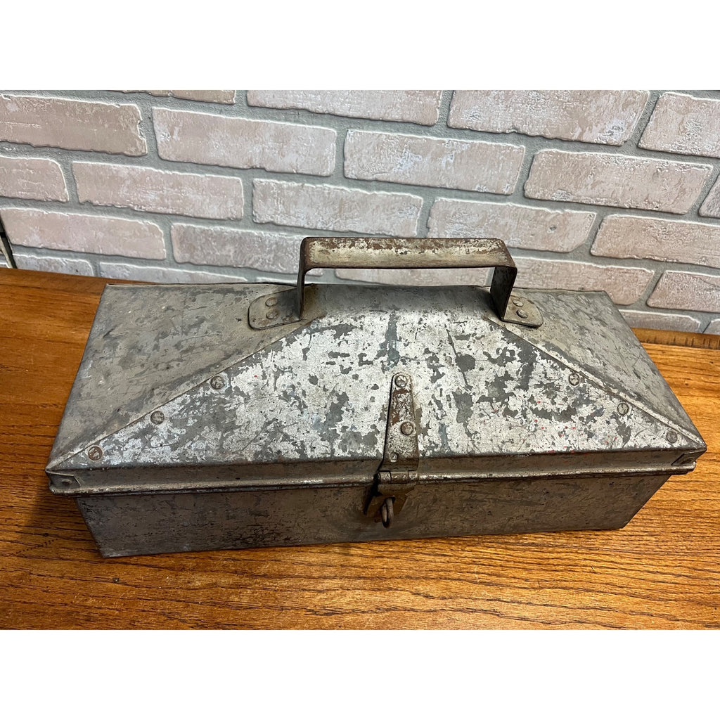 Vintage Galvanized Steel Tackle Tool Box Tote Carrier Steampunk Industrial Flared Edges