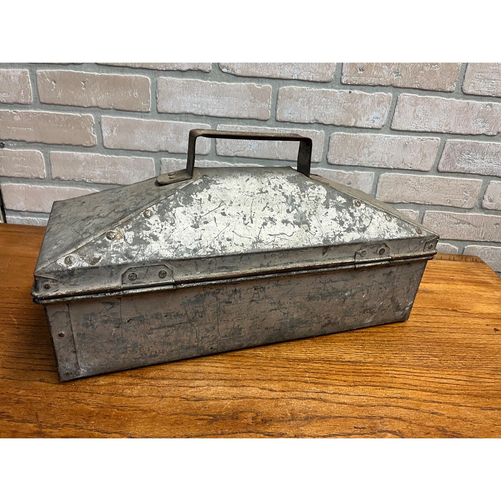 Vintage Galvanized Steel Tackle Tool Box Tote Carrier Steampunk Industrial Flared Edges