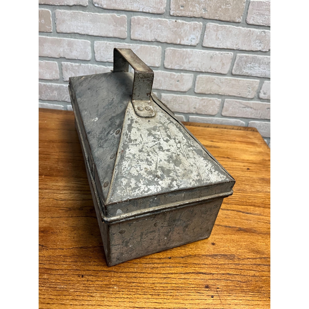 Vintage Galvanized Steel Tackle Tool Box Tote Carrier Steampunk Industrial Flared Edges