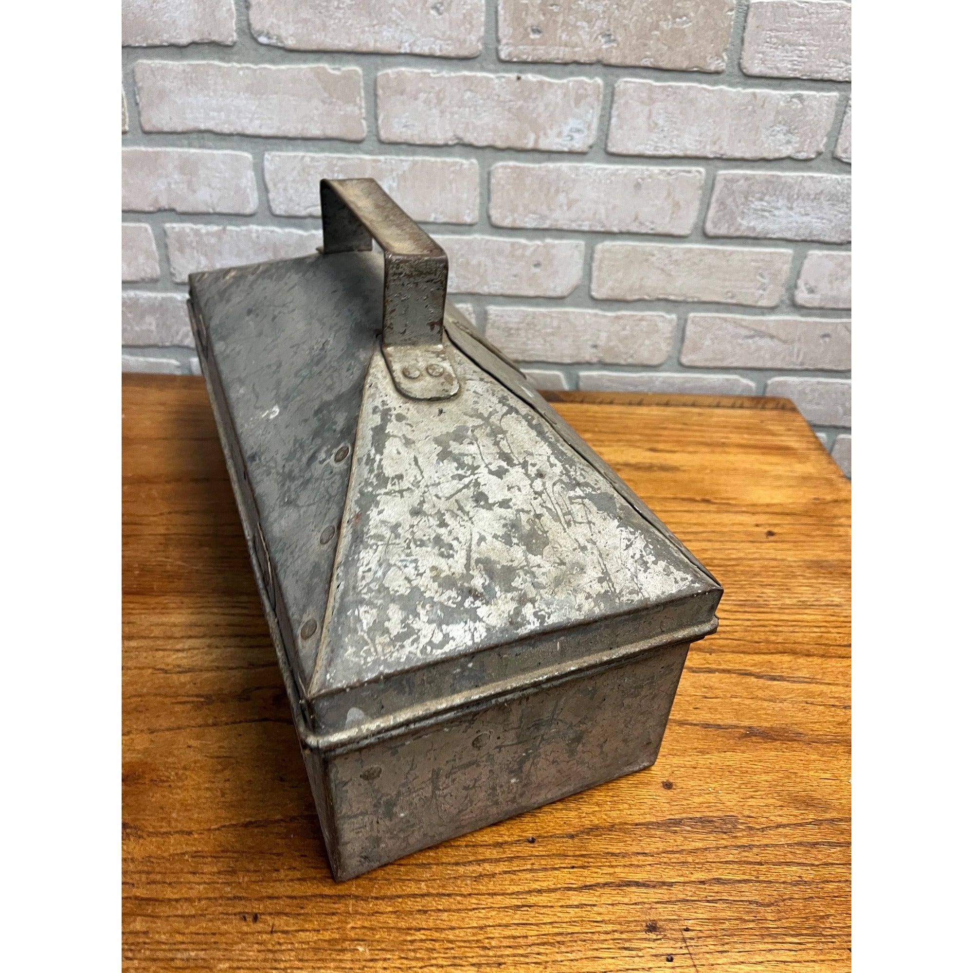 Vintage Galvanized Steel Tackle Tool Box Tote Carrier Steampunk Industrial Flared Edges