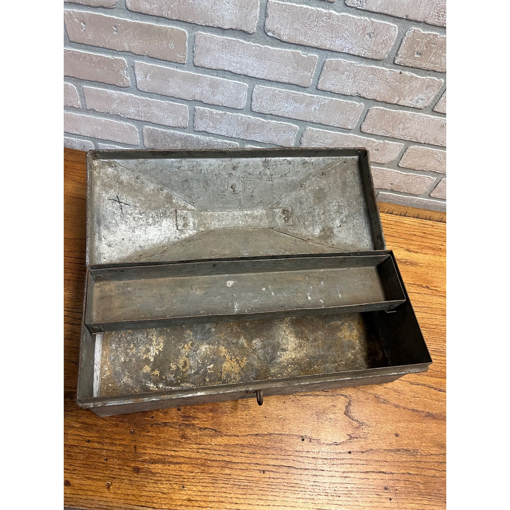 Vintage Galvanized Steel Tackle Tool Box Tote Carrier Steampunk Industrial Flared Edges