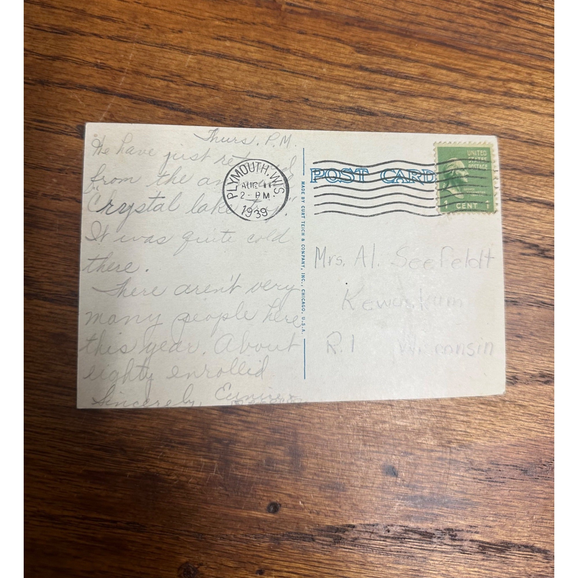Crystal Lake Resort Post Office Elkhart Lake Wisconsin Postcard Wis WI c1939