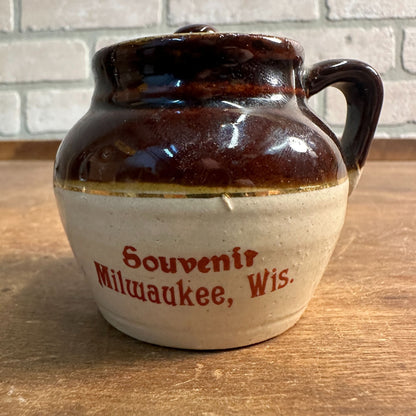 Vintage Small 2.5" Bean Pot "Souvenir of Milwaukee Wis" Stoneware Crock - Red Wing?