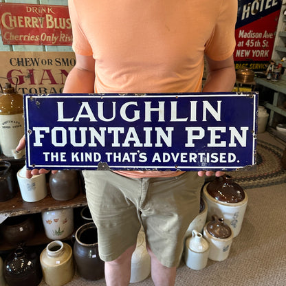 RARE Vintage 1920s Laughlin Fountain Pen Porcelain Advertising Sign