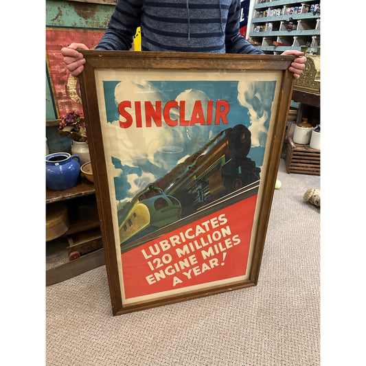 RARE Vintage 1930s Sinclair Oil Lubricants Advertising Framed Sign Poster Trains