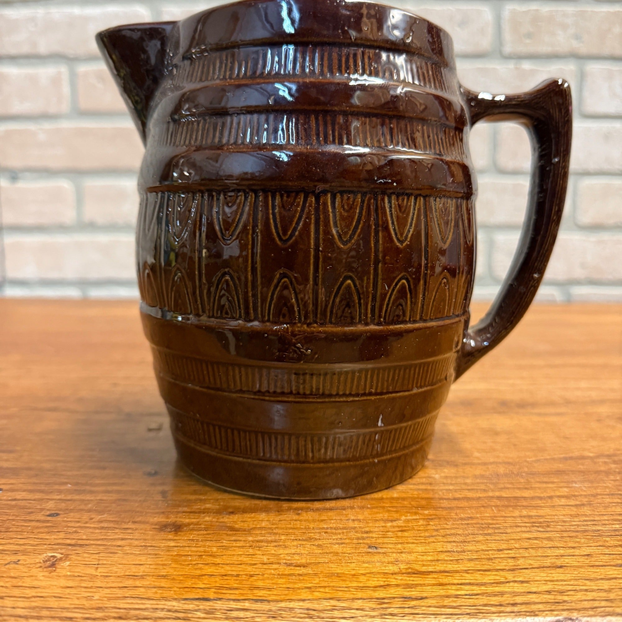 Vintage Stoneware Ceramic Pitcher Barrel Brown Beer Glazed