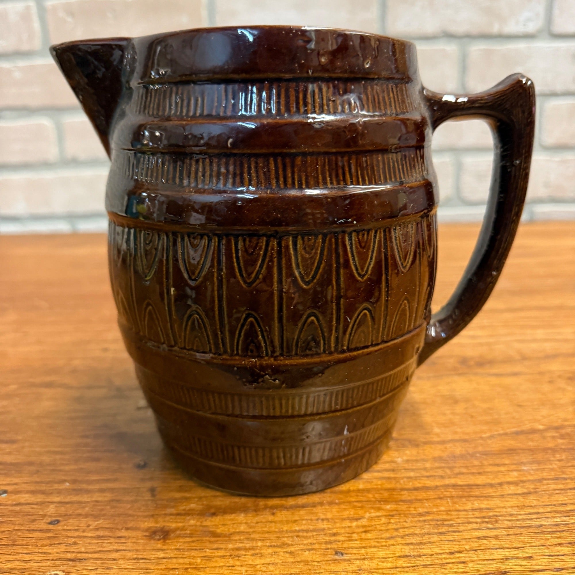 Vintage Stoneware Ceramic Pitcher Barrel Brown Beer Glazed