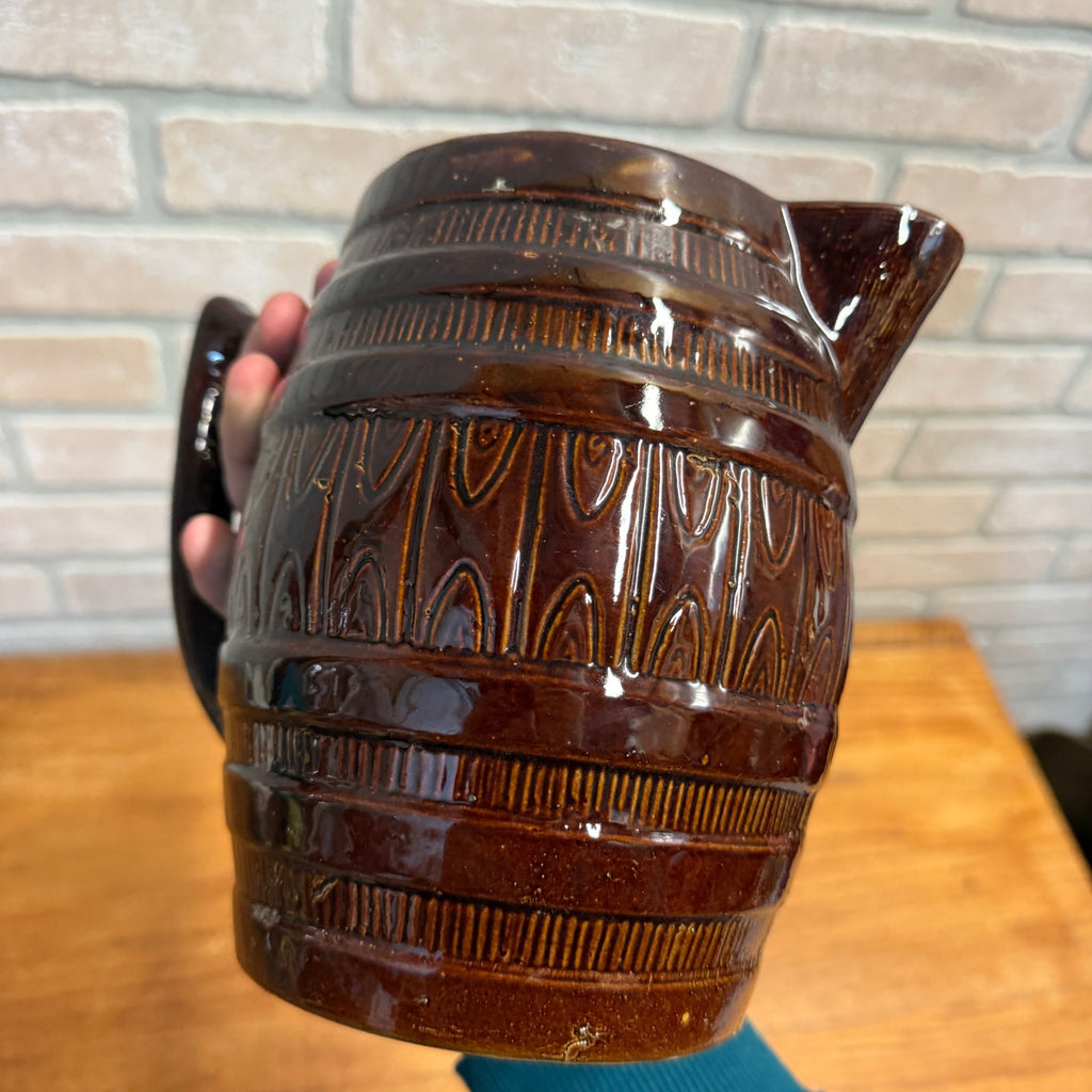 Vintage Stoneware Ceramic Pitcher Barrel Brown Beer Glazed