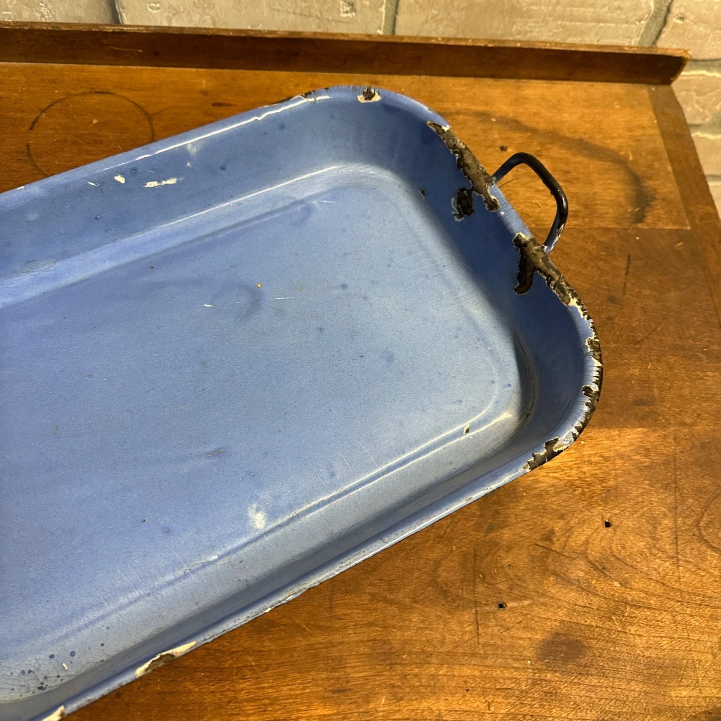 Antique Primitive Blue Swirl Enamelware Baking Dish Pan Vintage Farmhouse