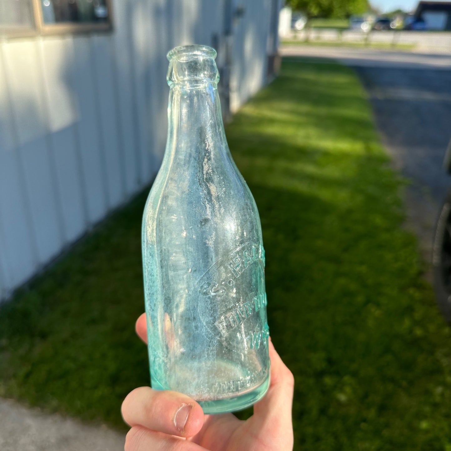 RARE Vintage S. Halbach Fond du Lac Wis Aqua Blue Glass Soda Bottle