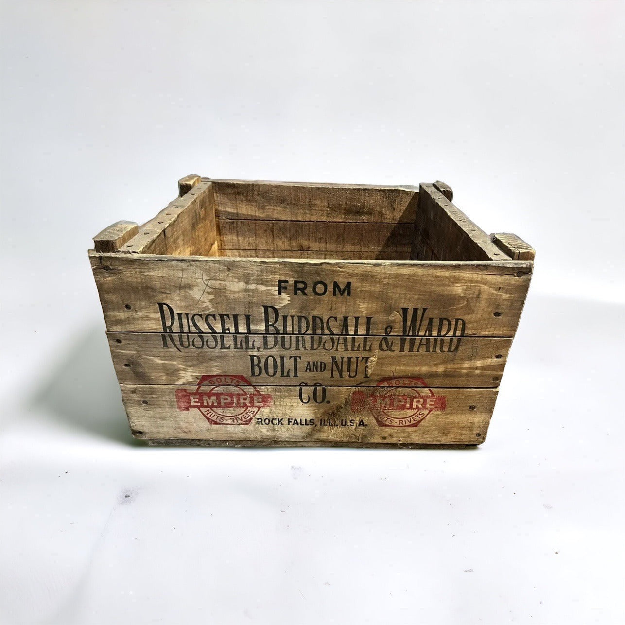 Vintage Russell, Burdsall, & Ward Bolt And Nut Co. Rock Falls, IL Wooden Crate