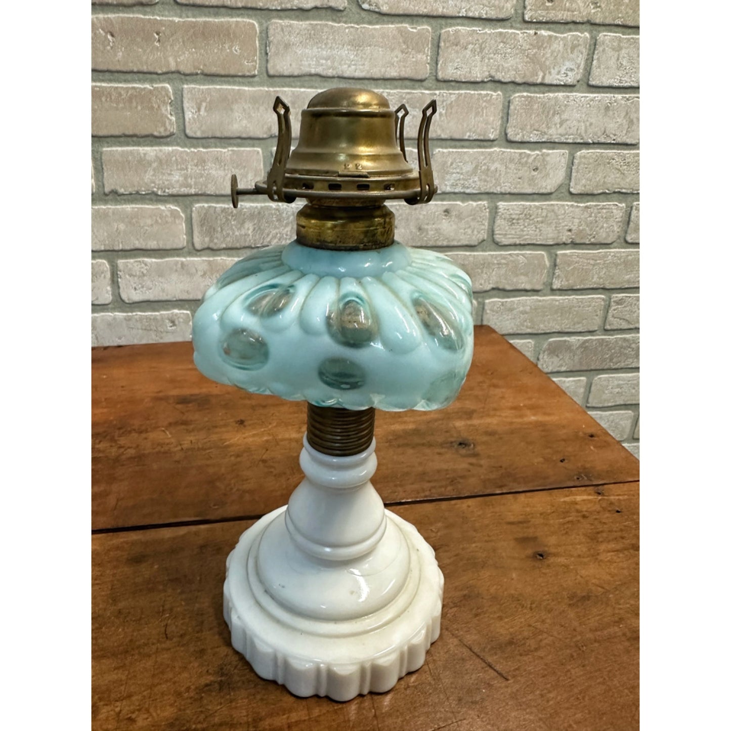 Antique Hobbs Dot Blue Opalescent Art Glass EAPG Oil Lamp Milk Glass