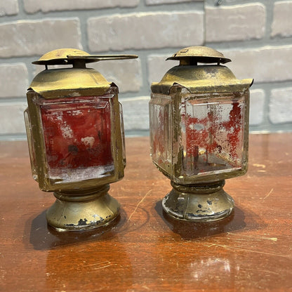 Antique Pair of Solid Glass 4" Candle Holder Lanterns Primitive Carriage Lamps