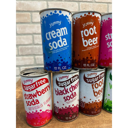Vintage Yummy Soda Pop Cans (9) Root Beer + Steel Pull Tab Flat Jewel Itasca IL