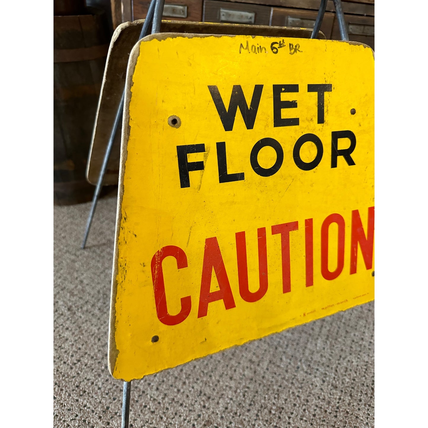 Vintage 1950s Caution Wet Floor Masonite Composite Sign Stand - Walton-March