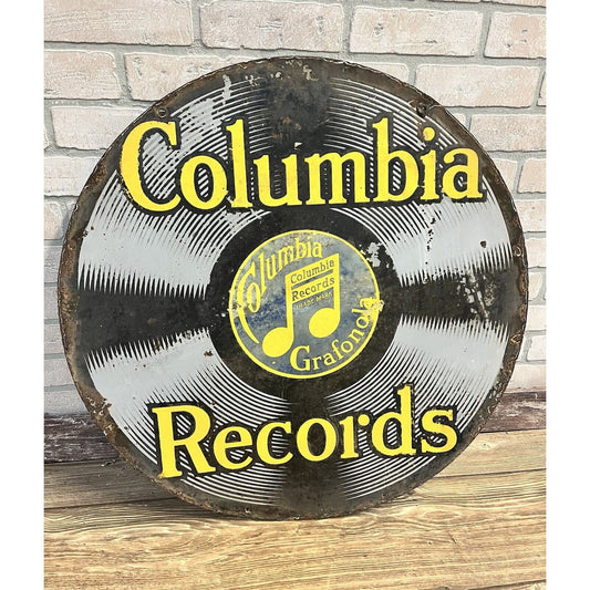 Original Vintage Columbia Records 28" Porcelain Double-Sided Advertising Sign