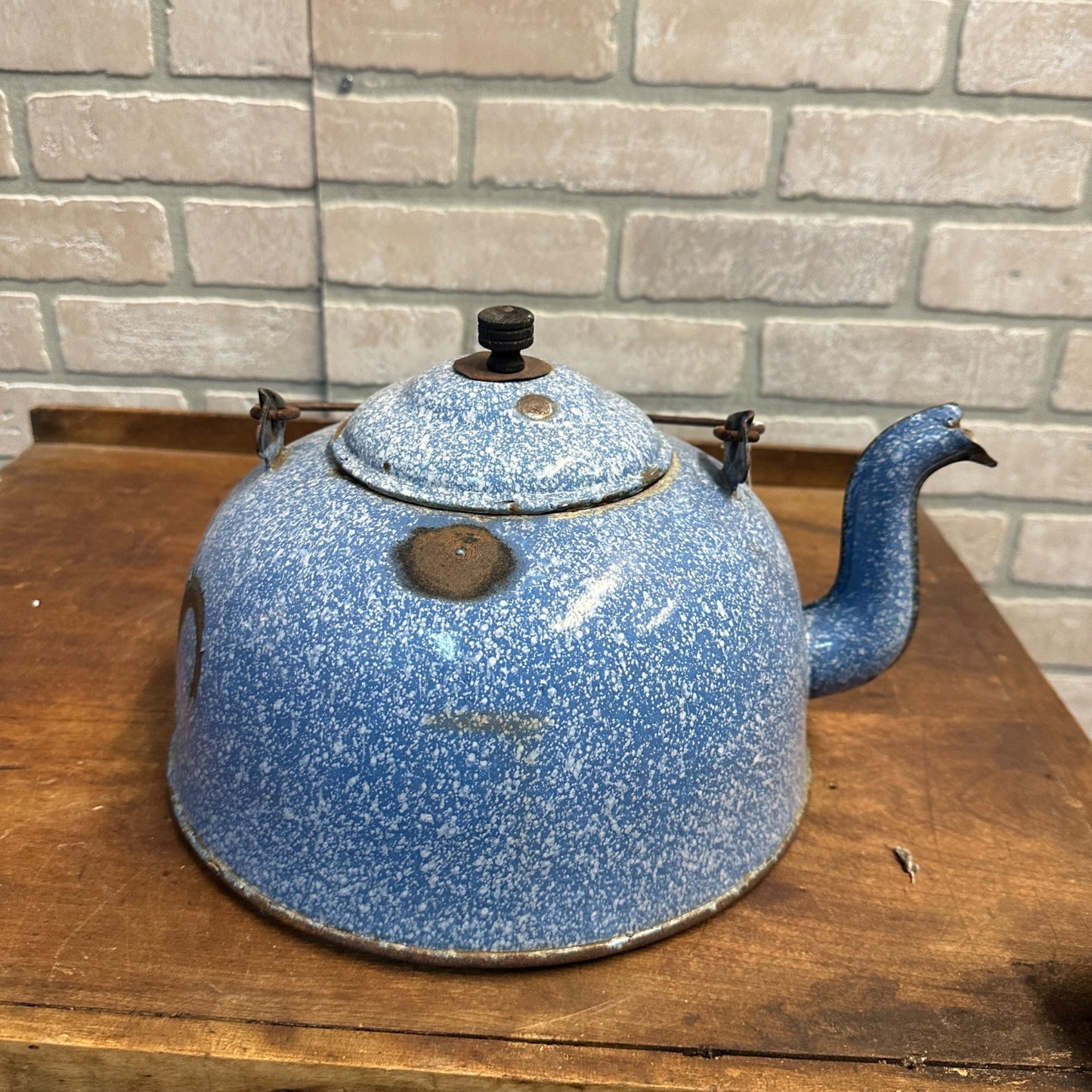 Antique Primitive Blue White Graniteware Enamelware Tea Kettle Pot Vintage Farmhouse