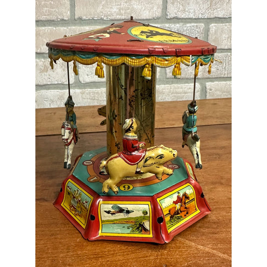 Vintage Tin Litho Toy Windup Musical Carousel German? Horse & Pigs