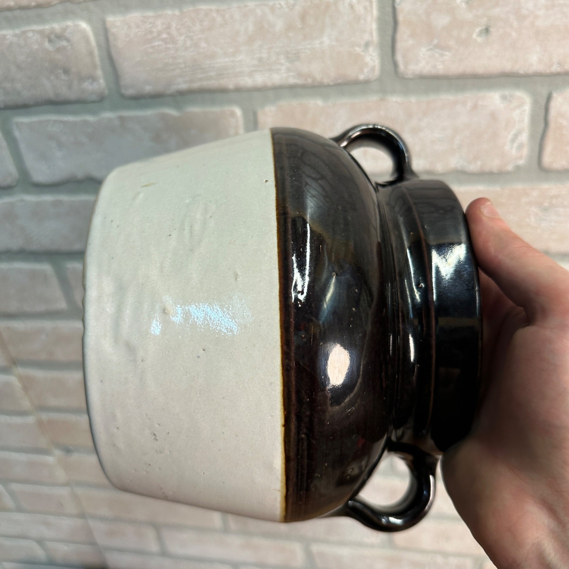 Antique Two-Tone Black Dark Brown Bean Pot Stoneware Pottery No Lid