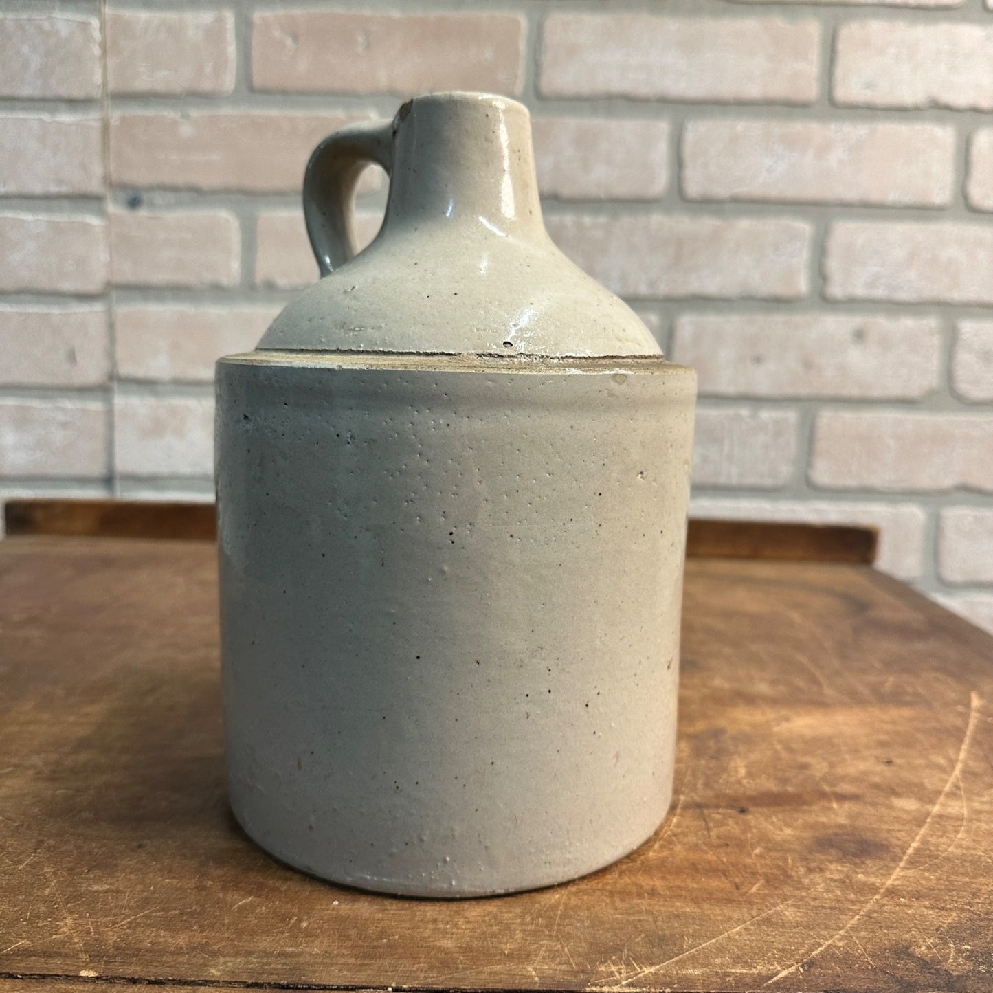 Antique 9"  White Stoneware Jug Moonshine W/ Handle Unmarked Glazed