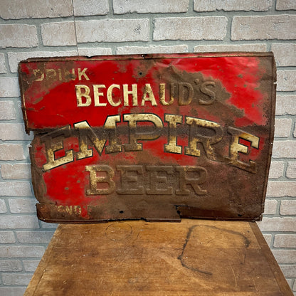 SCARCE Vintage Bechaud's Empire Beer Tin Advertising Sign Fond du Lac Wis