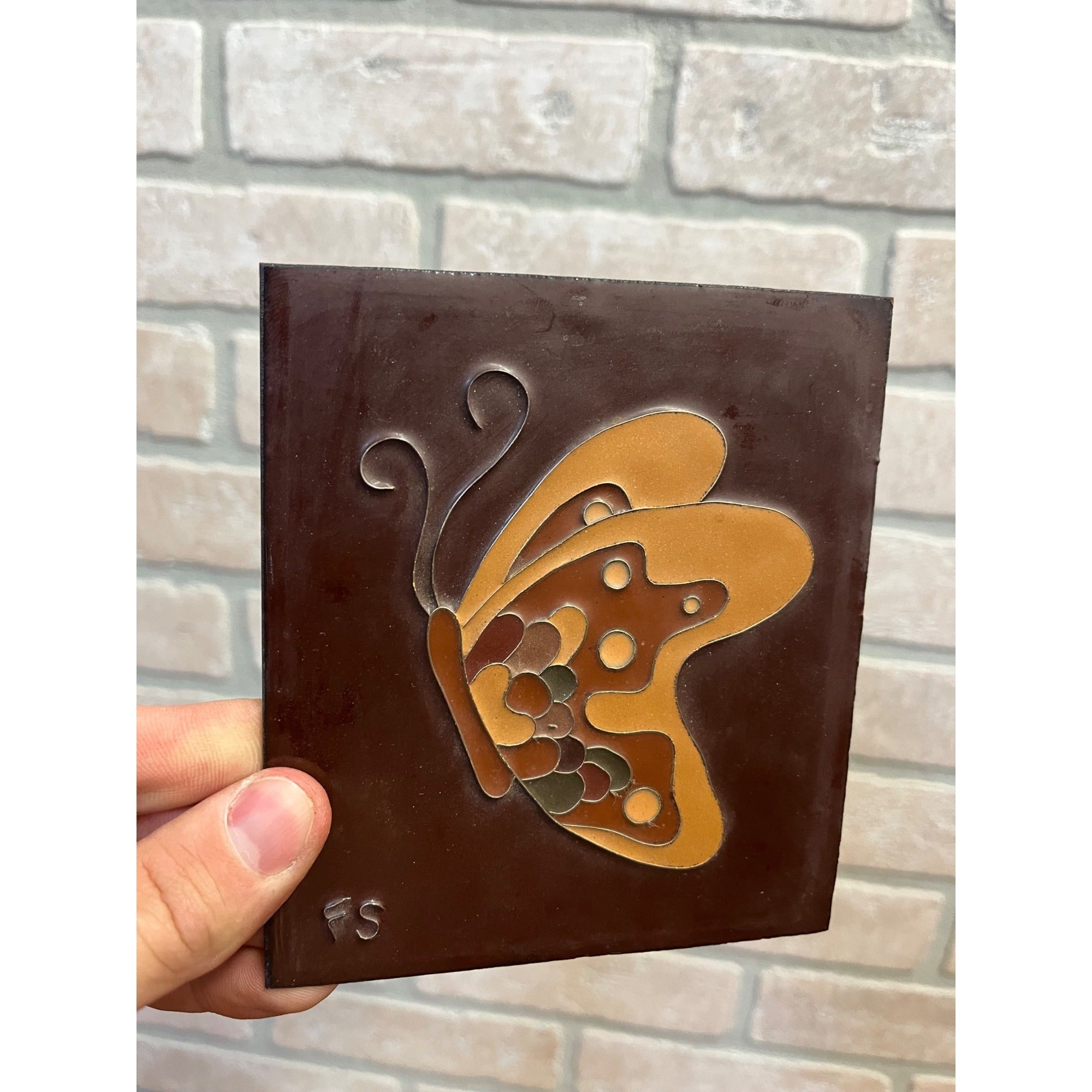 Vintage Mid-Century Butterfly Porcelain Decorative Tile Decor Brown Cottagecore