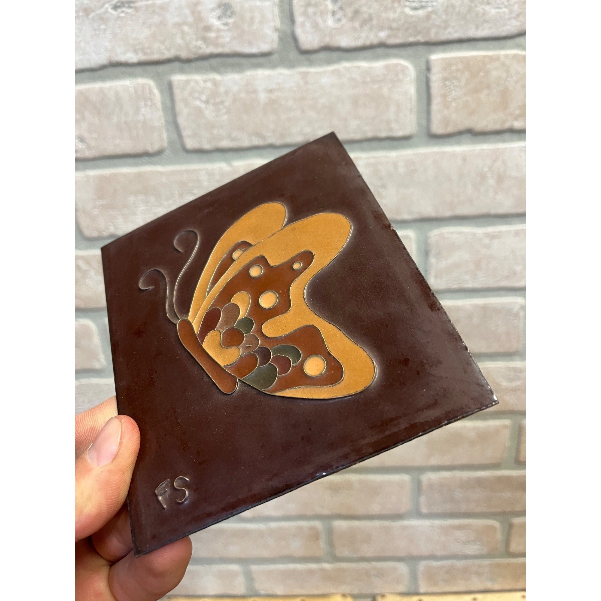 Vintage Mid-Century Butterfly Porcelain Decorative Tile Decor Brown Cottagecore