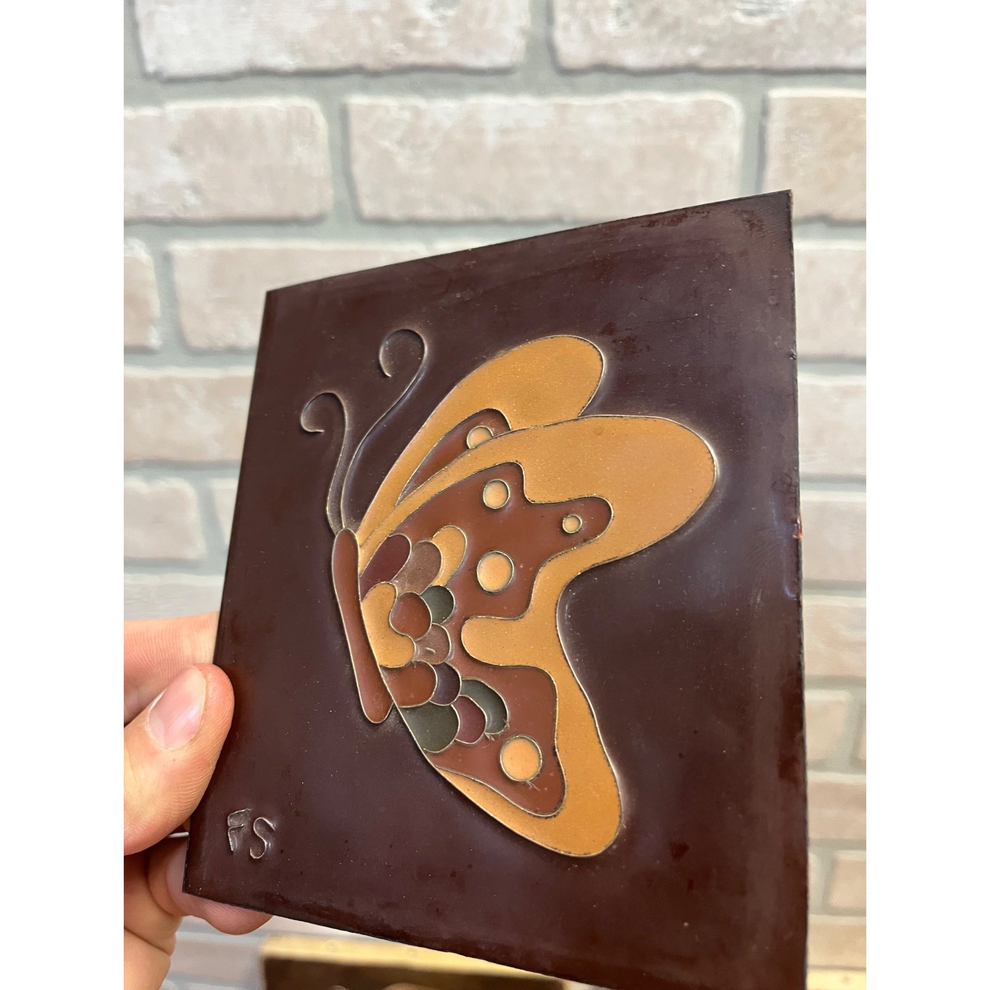 Vintage Mid-Century Butterfly Porcelain Decorative Tile Decor Brown Cottagecore